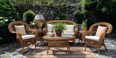 Fototapeta premium Finished wicker furniture set, including chairs and a table, displayed in a cozy outdoor garden setting.