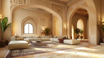 A modern Islamic-inspired living room featuring traditional decor and architectural arches, perfect for elegant and sophisticated interior design
