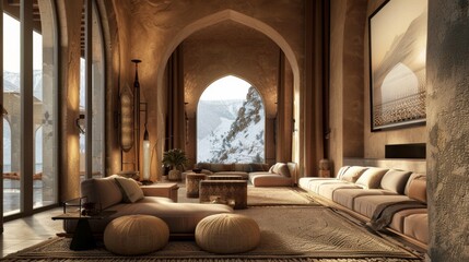 Obraz premium A modern Islamic-inspired living room with high arches, stunning mountain views, and luxurious decor, ideal for upscale interior design projects. 