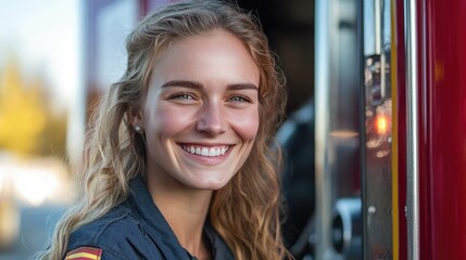 Portrait of a smiling female firefighter next to her fire truck, proud and ready, reflecting dedication and community service