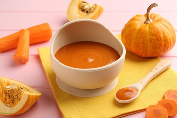 Delicious baby food in bowl and fresh ingredients on pink wooden table
