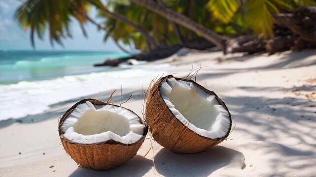 Coconut Dreams: Freshly cracked coconut on a serene tropical beach, inviting you to escape to paradise. 