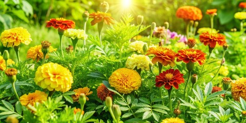 Vibrant tagetes and diverse flowers bloom in a stunning garden, bathed in warm sunlight, with lush green foliage and delicate petals unfolding in every direction.