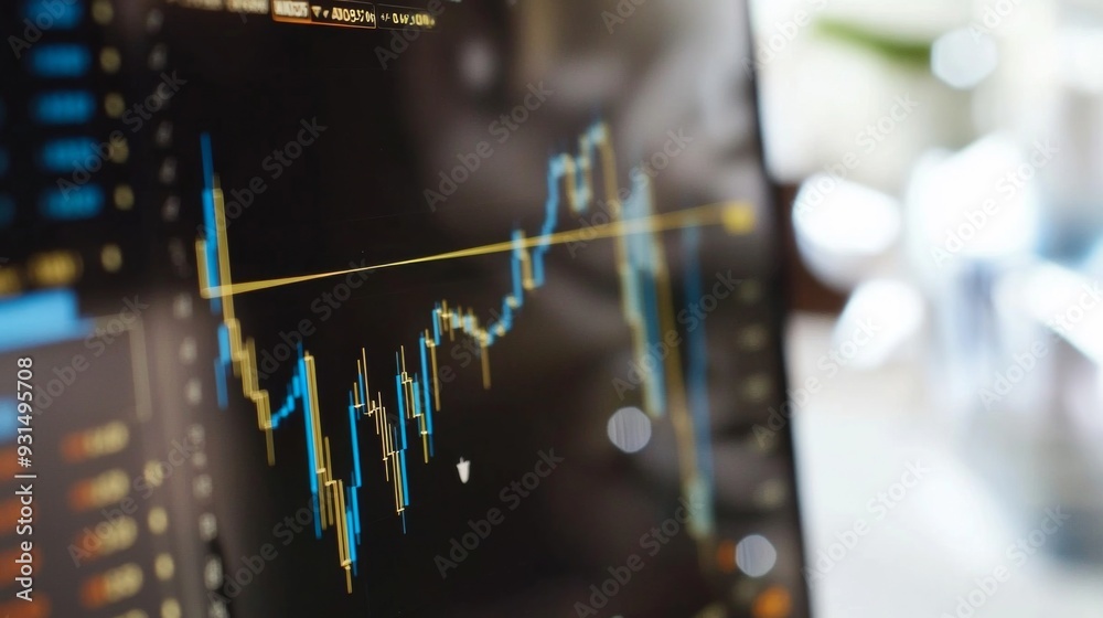 Fototapete close-up of a financial graph on a computer screen, showcasing upward and downward trends with detai