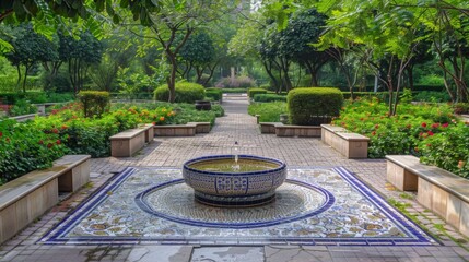 A bright Islamic garden with a central tiled fountain, symmetrical pathways, and vibrant plants, perfect for landscape design and garden-themed decor use.
