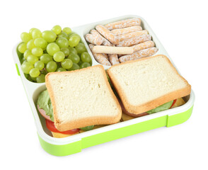 Lunch box with sandwiches, grapes and cookies isolated on white