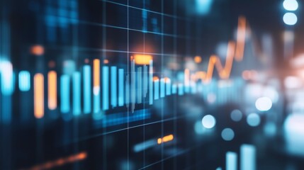 Close-up of a financial graph with a focus on positive growth trends and key performance indicators, set against a backdrop of a bustling business environment