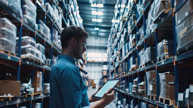 Warehouse Inventory Management: A focused young man in a blue shirt uses a tablet to manage inventory in a large warehouse, highlighting the efficiency and digitalization of modern logistics. The imag