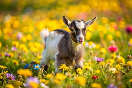 Adorable little Nigerian pygmy goat baby frolics in a vibrant field of colorful flowers, offering a serene and peaceful atmosphere with ample copy space.