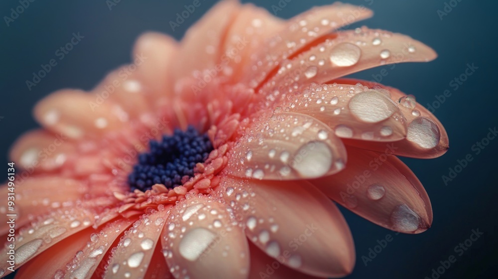 Aufkleber Close-up of a flower with large, prominent water droplets on its petals, creating a dramatic and visually appealing effect against a simple backdrop.
