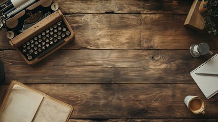 wooden table with a vintage typewriter and a notepad