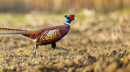 Fototapeta premium Pheasant strutting through a field its colorful plumage vibrant in the sunlight