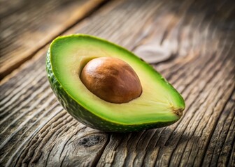 Creamy vibrant green avocado halved on rustic wooden background with subtle natural light and shallow depth of field highlighting velvety texture and healthy goodness.
