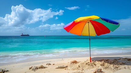 Multicolour vibrant rainbow beach umbrella on a beautiful hot and clear sunny day with cruise ship on the horizon turquoise water Arashi Beach Aruba Caribbean Sea Photo taken in Februa : Generative AI