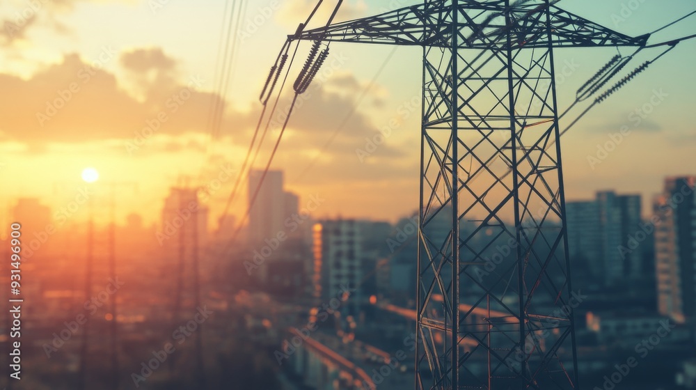 Poster close-up of a high-voltage power transmission tower in an urban setting, showcasing the tower's meta