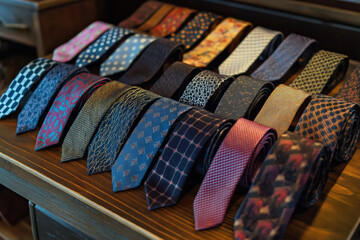Display of various men's ties in different patterns and colors, arranged neatly on a wooden table.