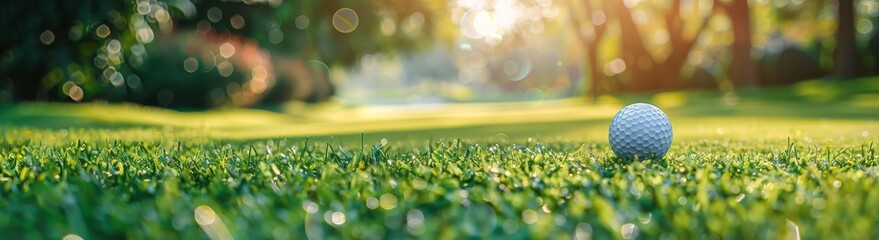 White golf ball on green golf course with sunlight. Stock photo