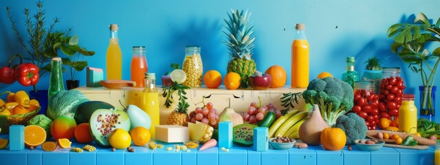 Naklejka premium Variety of Fresh Fruits and Juices on a Vibrant Blue Background