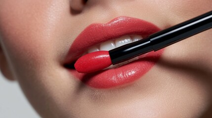 Close-up of a lipstick being applied to lips, with the product and applicator clearly visible against a simple white background for a clean look.