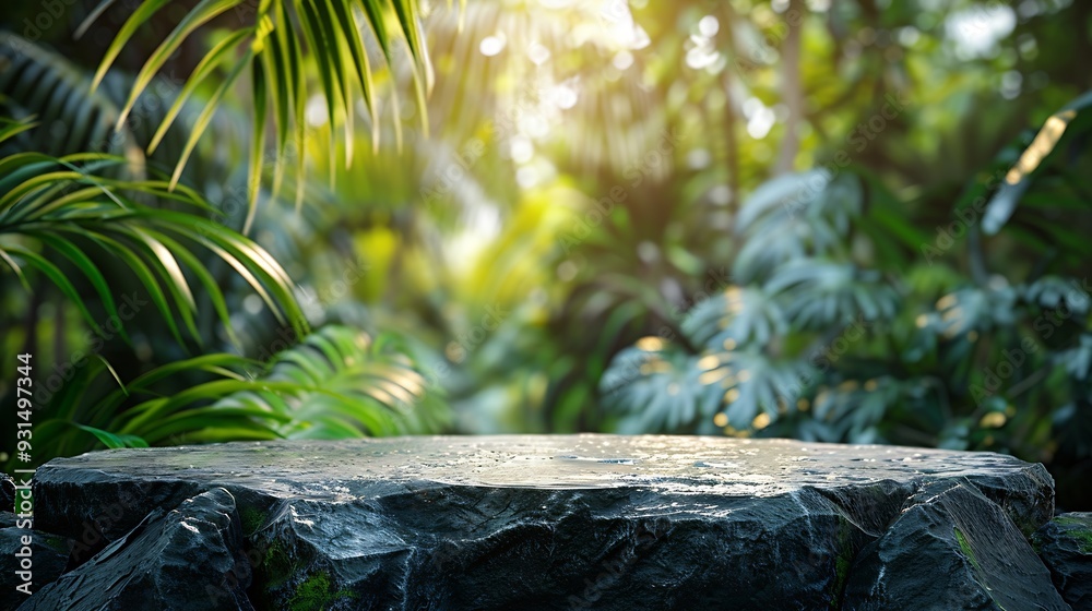 Poster stone table top in jungle forest with blur palm tree natural tropical scene for organic product plac