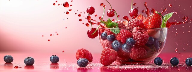 Fresh Berries in a Splash of Juice on a Red Background