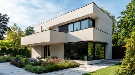 Close-up of a minimalist exterior of a modern house with a clean facade, large windows, and an uncluttered garden, showcasing its architectural simplicity