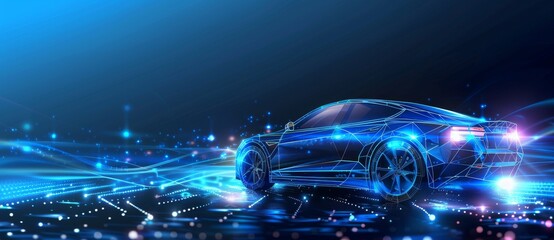 Wireframe of futuristic car concept with blue background. Stock photograph