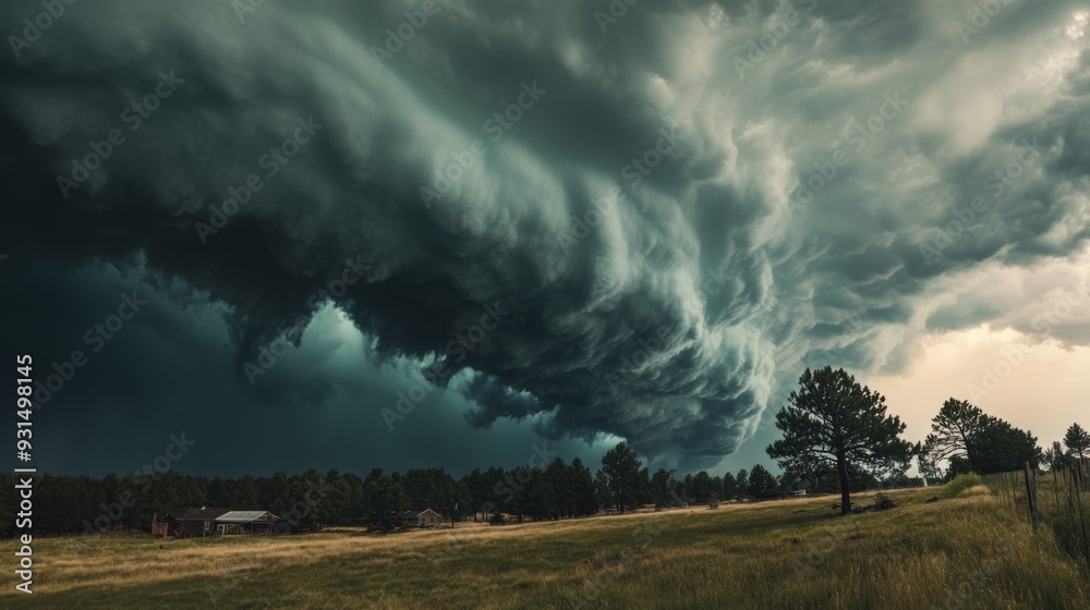 Poster close-up of a powerful summer storm with dark, swirling clouds and strong gusts of wind affecting tr