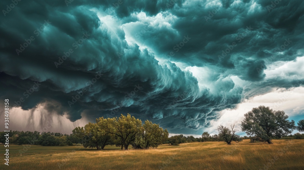 Poster close-up of a powerful summer storm with dark, swirling clouds and strong gusts of wind affecting tr