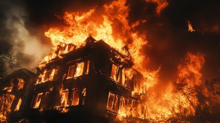 Close-up of a raging fire consuming a building, with bright flames and thick smoke, capturing the intensity and destructive power of the blaze.