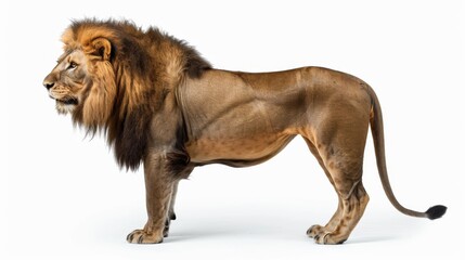 Fototapeta premium A portrait of an old wild lion standing against a white background.