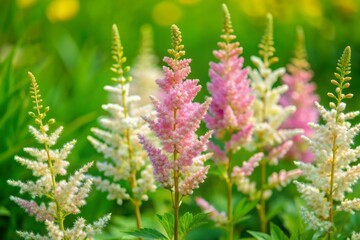 Obraz premium Vibrant pink and white Chinese astilbe flowers sway gently in a lush green field, surrounded by soft focus background, evoking a serene summer atmosphere.