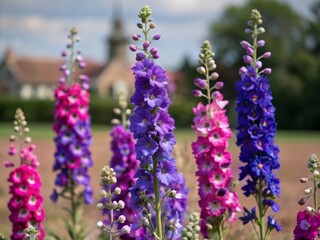 Obraz premium Vibrant purple delphinium flowers sway gently in the summer breeze, filling a lush green field with a kaleidoscope of colors in Wick, Pershore, Worcestershire.