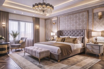 Serene ambiance of a luxury hotel bedroom, adorned with opulent furniture, soft lighting, and plush linens, evokes a sense of peaceful slumber and relaxation.