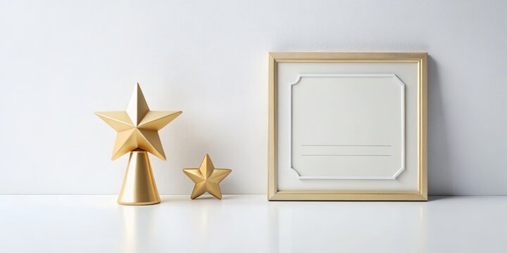 Minimalist composition of small star icon and simple award certificate on plain white background, emphasizing simplicity and humility concept