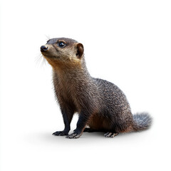 Fototapeta premium A small mongoose standing alert and looking forward, isolated on a white background, highlighting its sharp features and fur texture.