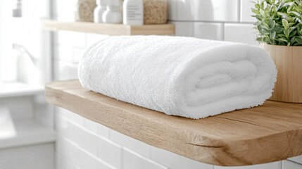 Neatly Folded White Cotton Towel on a Wooden Bathroom Shelf