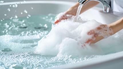 Fototapeta premium woman cleaning the bathtub, scrubbing soap scum