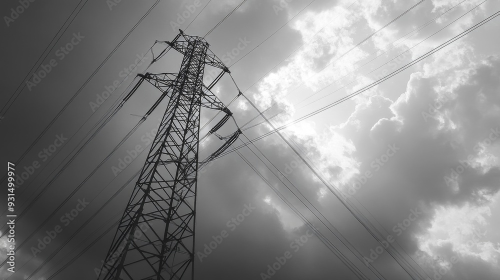 Poster close-up of a tall transmission tower with power lines, set against a dramatic cloudy sky, showcasin