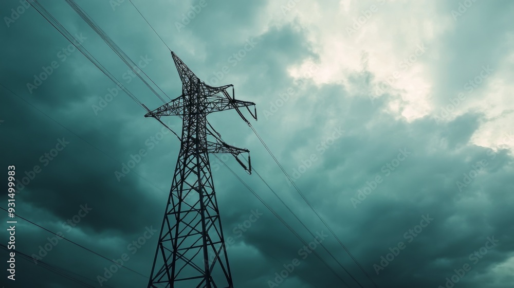 Poster close-up of a tall transmission tower with power lines, set against a dramatic cloudy sky, showcasin