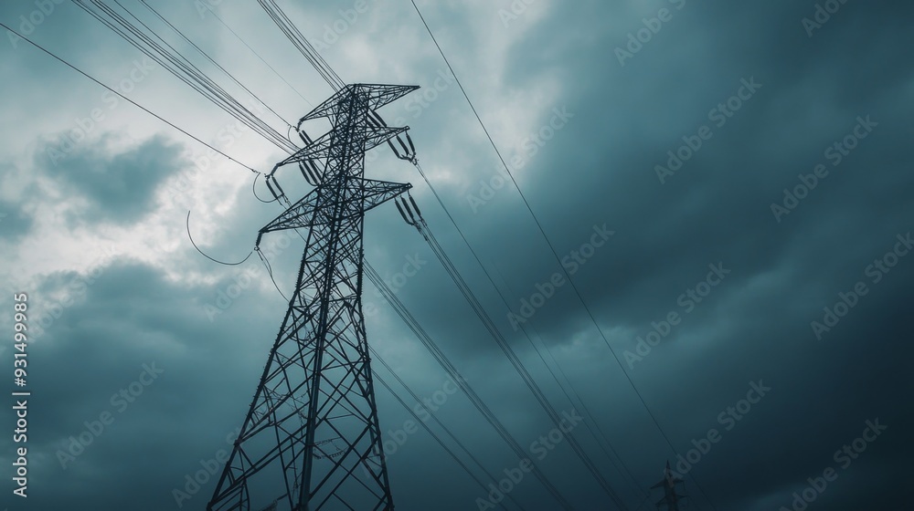 Poster close-up of a tall transmission tower with power lines, set against a dramatic cloudy sky, showcasin