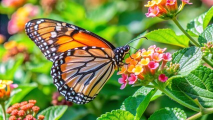 Fototapeta premium Vibrant monarch butterfly with delicate orange and black wings sips nectar from a blooming lantana flower on a warm, sunny day surrounded by lush greenery.