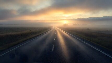 Fototapeta premium A mist-covered highway with low-lying clouds, dramatic lighting from the setting sun, ethereal and haunting atmosphere, rule of thirds dividing the scene into foreground and background
