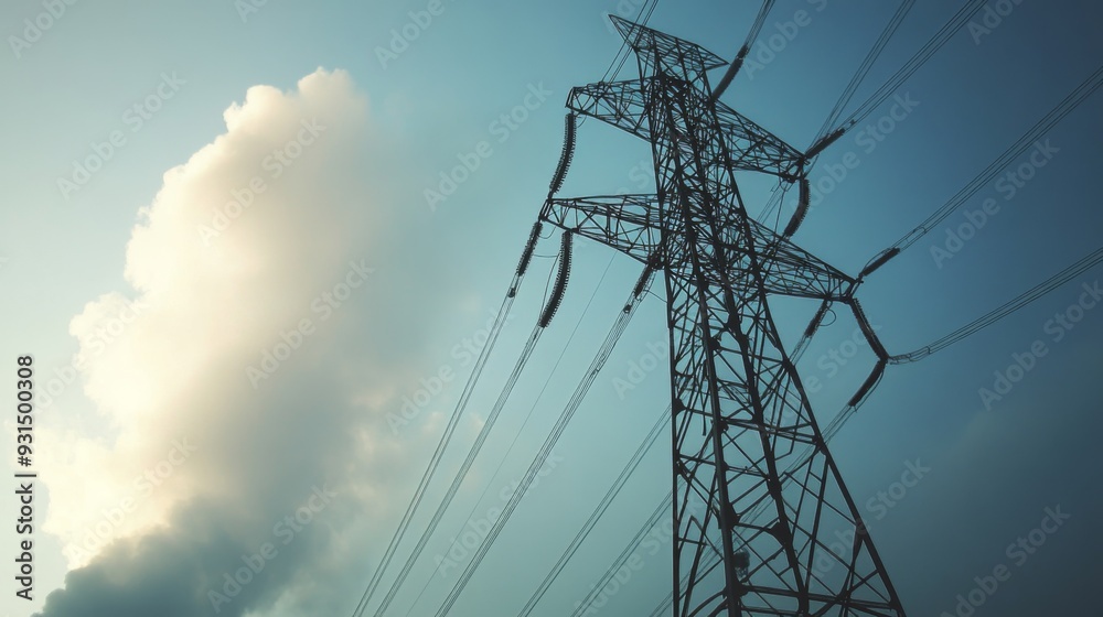 Aufkleber Close-up of a towering electricity pylon with multiple power lines, emphasizing the robust construction and engineering of the electrical transmission system.