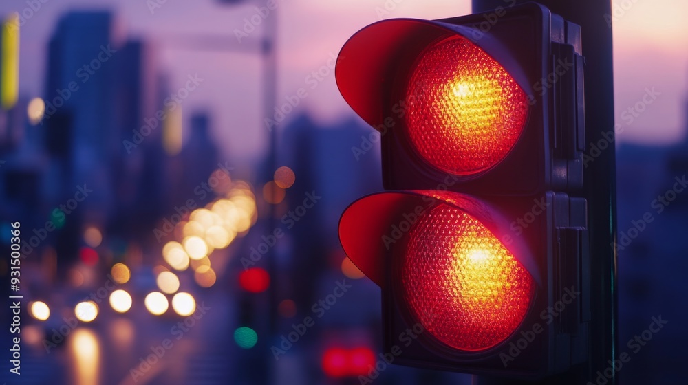 Poster close-up of a traffic light showing the red signal, with clear details of the light's casing and the