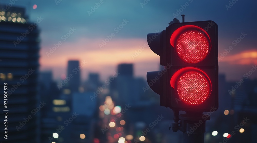 Poster close-up of a traffic light showing the red signal, with clear details of the light's casing and the