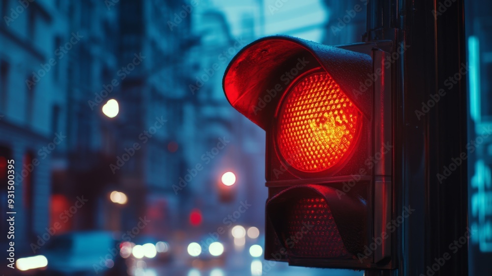 Poster close-up of a traffic light showing the red signal, with clear details of the light's casing and the