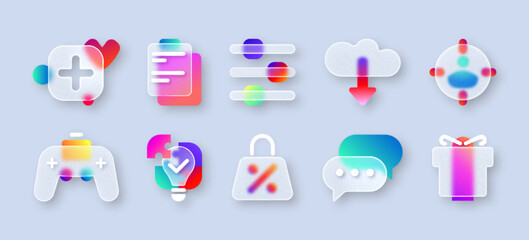 Transparent matte glass morphism ui icon set with blur neon gradient of business strategy, gamepad, social chat, gift box, shopping bag. 3d frosted buttons, mobile app icons with glassmorphism effect © redgreystock