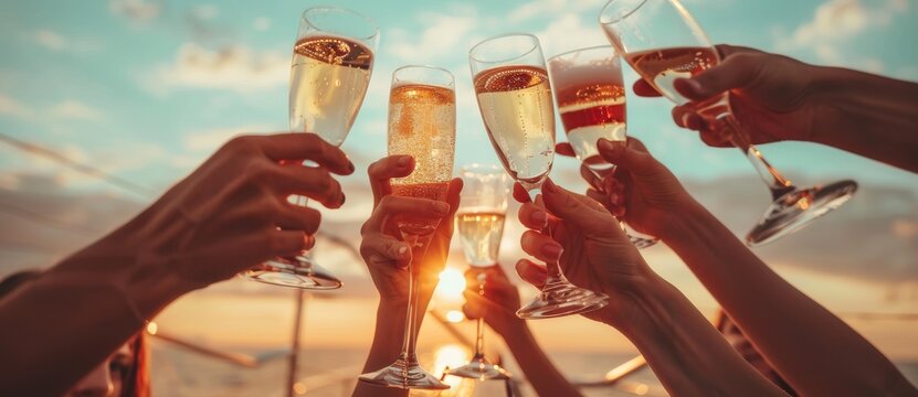 Several happy rich people drink champagne on a yacht at a summer's day party. - Powered by Adobe