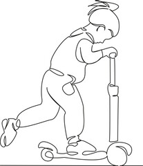 One continuous single drawing line art flat doodle child, person, fun, riding, childhood, girl, smiling, lifestyle, photography, cheerful. Isolated image hand draw contour on a white background

